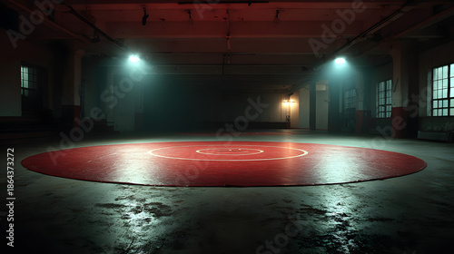 full shot on a photo of a wrestling mat in an empty gym in low light with space for text. concept sport, wrestling, gym, competition,