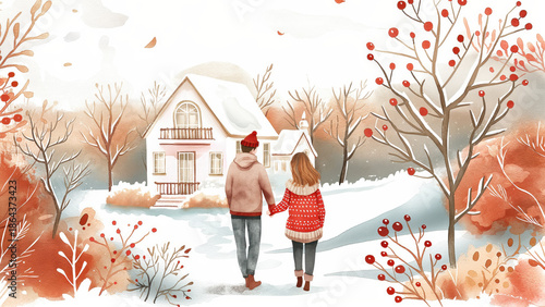 Couple walking in snowy neighborhood. Christmas winter holiday concept.