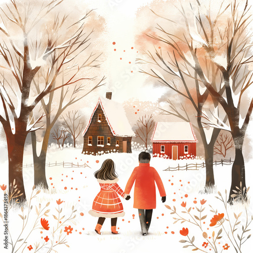 Couple holding hands in snowy countryside. Christmas winter holiday concept.