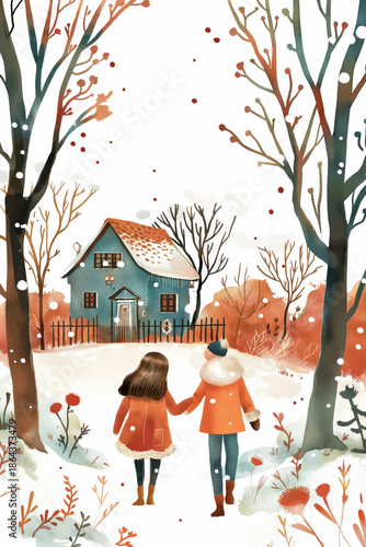 Kids looking at winter house in snow. Christmas holiday village concept.