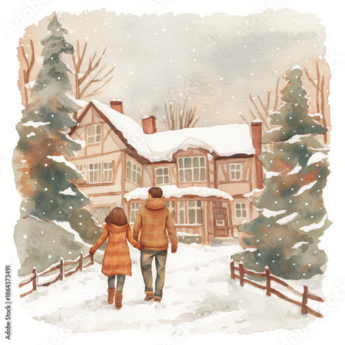 Couple walking to snowy house. Christmas winter holiday illustration concept.