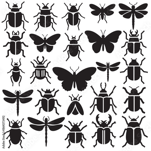 Collection of assorted beetles and flying insects isolated on transparent background