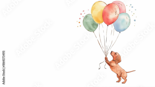 Dachshund holding balloon strings on white. Birthday celebration concept.