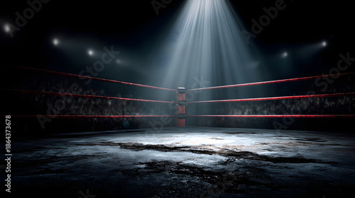 WWE wrestling ring corner. Sport background empty boxing ring with spotlight.