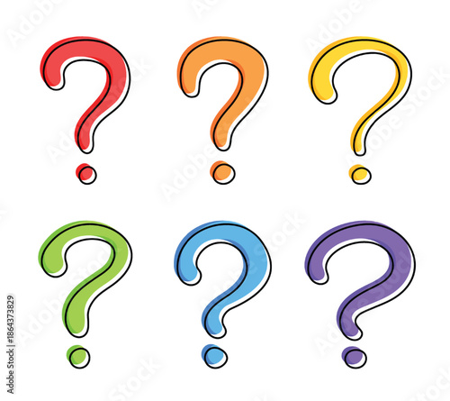 Vector Hand Drawn Colorful Question Mark With Outline Icon Set