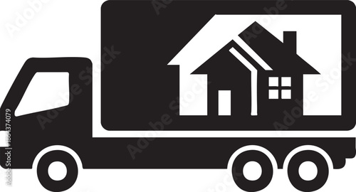 Moving truck with house silhouette graphic for relocation services