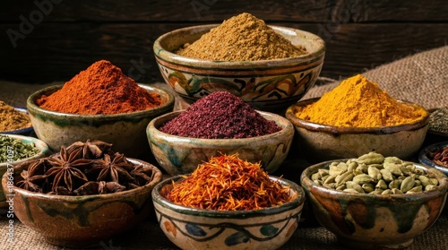 A Rustic Arrangement of Vibrant Spices in Decorative Bowls