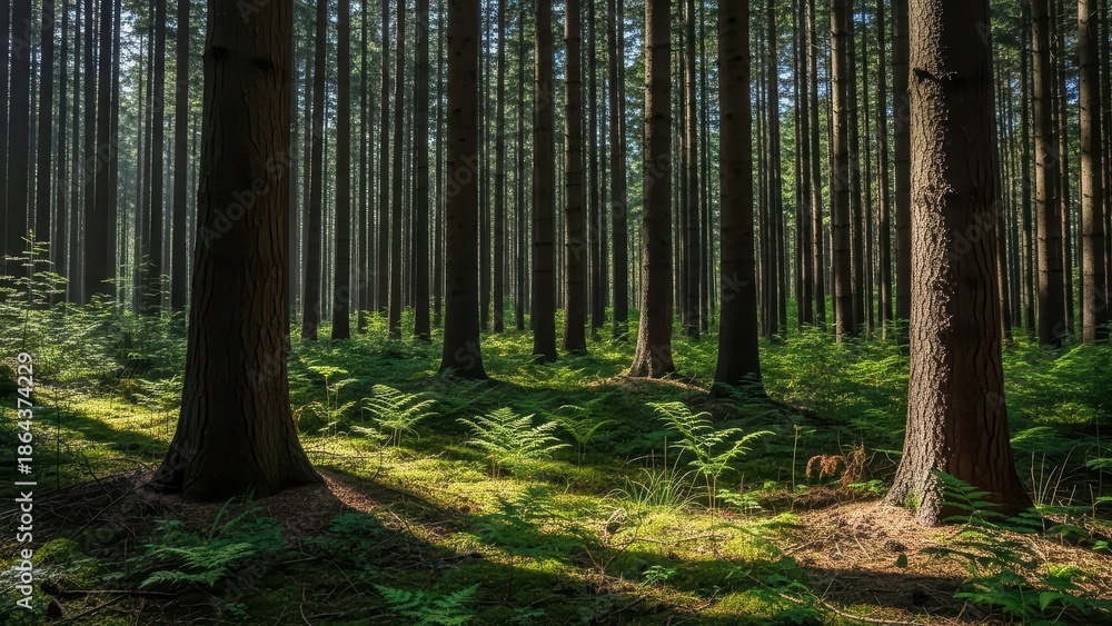 Obraz premium Forest Trees with Sunlight Nature's Path, Greenery, and Scenic Landscape