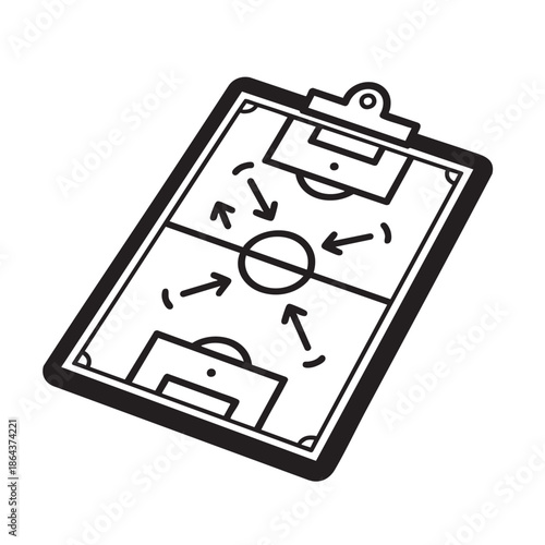 Soccer tactics clipboard with play strategy diagram and arrows
