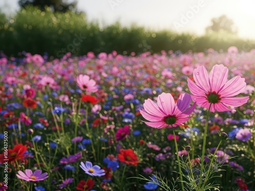 Cosmos Flowers Field, Pink, Purple, Red, and Blue Flowers, Summer Sunset