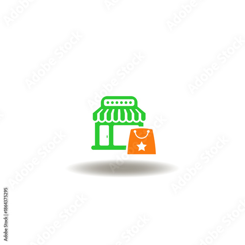 Vector illustration of store and shopping bag with star. Symbol of e-commerce and marketing. Icon of shop feedback.