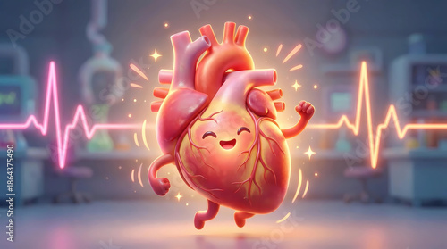 Happy cartoon heart character dancing with a vibrant EKG line in the background