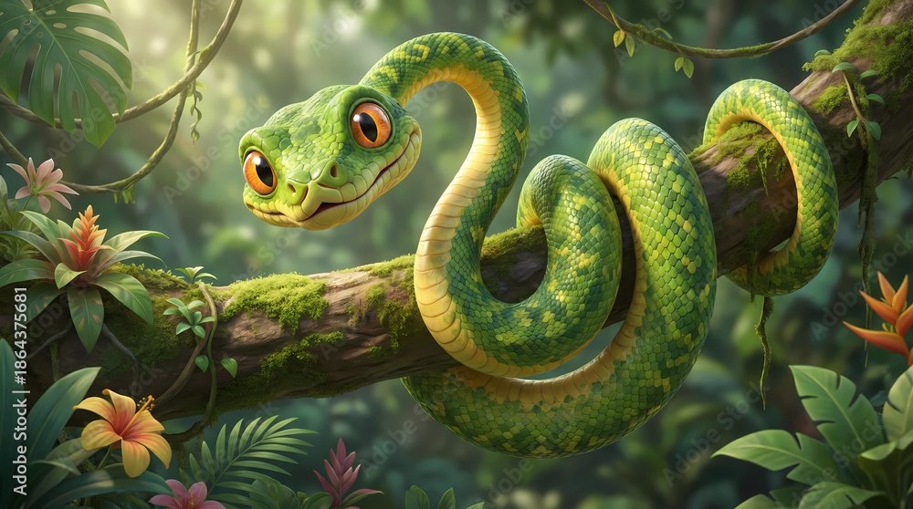 Fototapeta premium Cartoon green snake coiled on a mossy tree branch in a lush jungle setting
