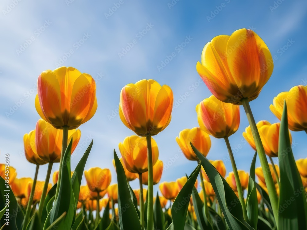 Fototapeta premium Yellow Tulips Against Blue Sky Spring Flowers, Nature Background