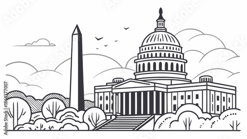 Washington dc skyline with us capitol and washington monument among trees. Suitable for travel, political, historical, and educational concepts.