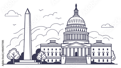 Washington dc skyline featuring washington monument and us capitol, ideal for travel websites, brochures, city guides, and patriotic displays.
