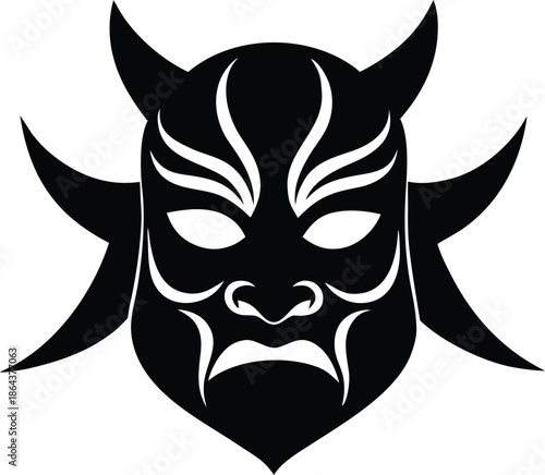 Stylized Japanese demon traditional mask, Mythological beast face cultural icon