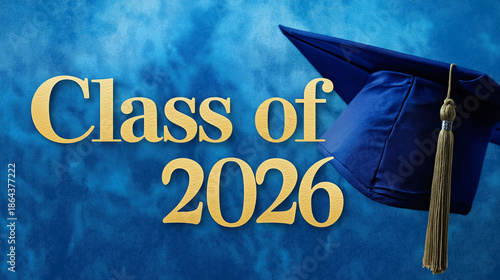 A blue graduation cap with gold trim is displayed on a blue background. The text reads 