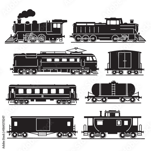 Collection of vintage steam and diesel train locomotives and railcars isolated