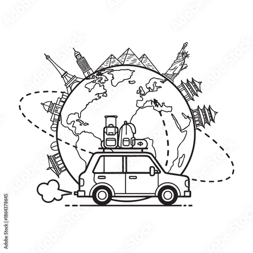 Hand drawn travel van with global landmarks and attractions illustration