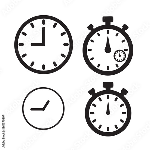 Set of four minimalist clock and watch icons with hands showing different times