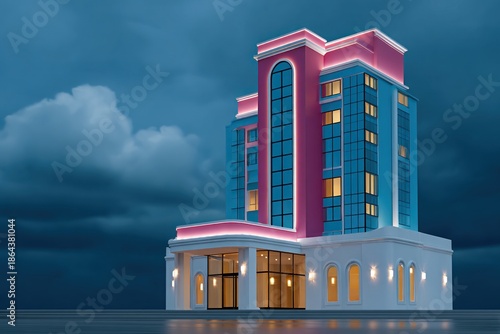 Modern hotel building illuminated at dusk with colorful lights and a dramatic cloudy sky