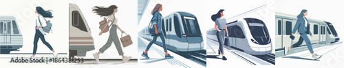 A Woman Getting on the Train Vector Illustration