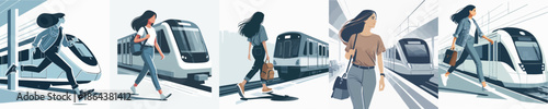 A Woman Getting on the Train Vector Illustration