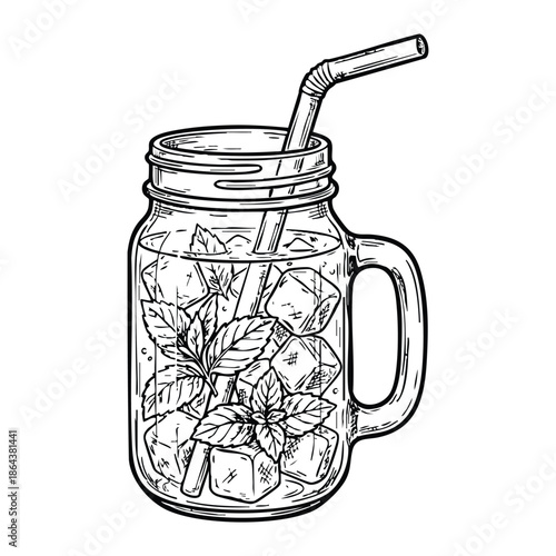 Mason jar with mint leaves and ice in minimalist illustration style with black line art on white background for beverage advertising