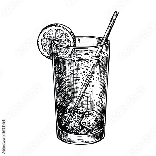 Refreshing glass of lemonade with slice of lime and straw in vintage illustration style with black and white monochrome for beverage advertising