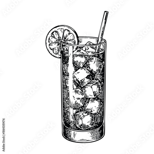 Cocktail Glass with Lime Slice and Straw in Hand-Drawn Style with High Contrast Black and White Illustration for Beverage Advertising