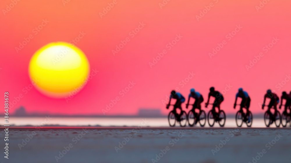 Fototapeta premium Cyclists ride along the shore during sunset near the ocean waters