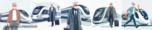 A Elderly Man Getting on the Train Vector Illustration