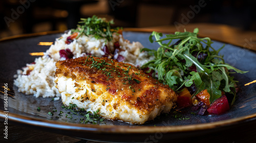 fried fish with rice and vegetable