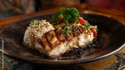 fried fish with rice and vegetable