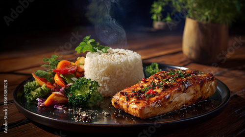 fried fish with rice and vegetable