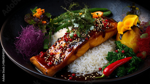 fried fish with rice and vegetable