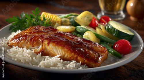 fried fish with rice and vegetable
