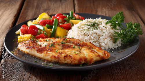 fried fish with rice and vegetable