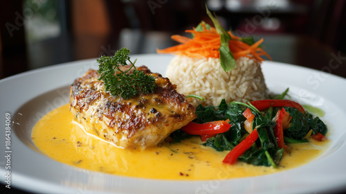 fried fish with rice and vegetable
