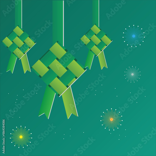 Festive Green Ketupat Rice Cakes and Fireworks Display for Eid Mubarak Greeting