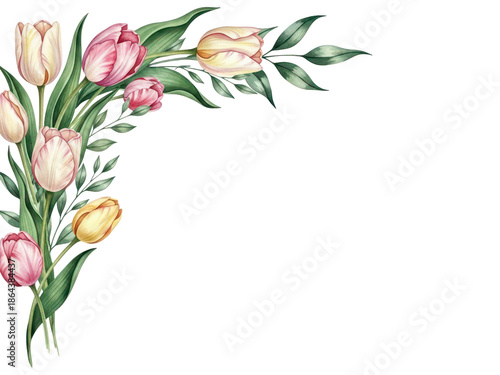 Luxury watercolor botanical corner border with tulips and delicate foliage in deep emerald green isolated on white background