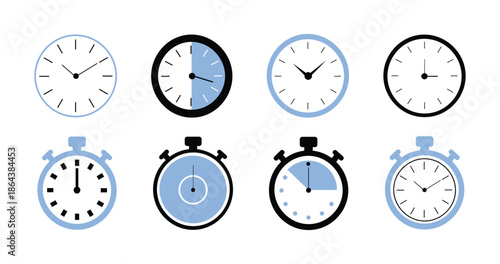 Clock and Stopwatch Icon Set, Time Management, Timer and Productivity Concept Vector