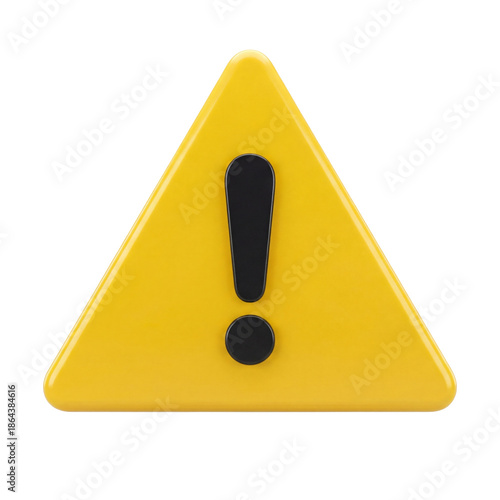 High-quality yellow triangular warning sign with a black exclamation mark, isolated on a white background. Concept of caution, alert, danger, risk, error, and safety notice. Suitable for web design