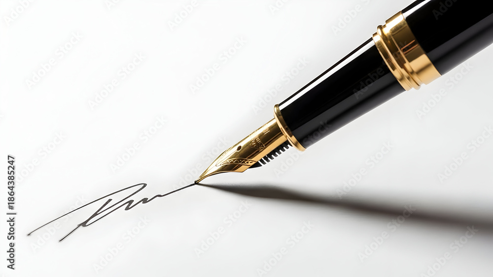 Fototapeta premium A close-up shot captures the intricate detail of a gold nib fountain pen gracefully signing a document, symbolizing elegance and professionalism today.
