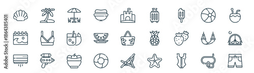 modern linear summer icon set. vector thin line outline symbols for ui/ux app and web interfaces. minimal stroke collection including snorkel, coconut tree, terrace, beach ball, watermelon, tent,