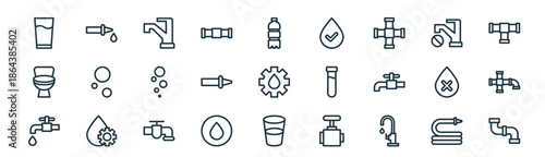 modern linear water icon set. vector thin line outline symbols for ui/ux app and web interfaces. minimal stroke collection including faucet, faucet, faucet, plumbing, glass of water, plumbing.