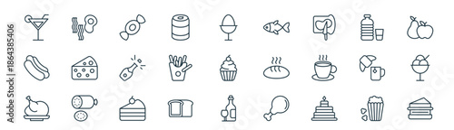 modern linear food icon set. vector thin line outline symbols for ui/ux app and web interfaces. minimal stroke collection including popcorn, breakfast, sweets, water bottle, french fries, ice cream,