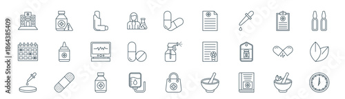 modern linear medicine icon set. vector thin line outline symbols for ui/ux app and web interfaces. minimal stroke collection including herbal treatment, expiry, inhaler, medical report, pills,