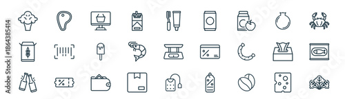 modern linear grocery icon set. vector thin line outline symbols for ui/ux app and web interfaces. minimal stroke collection including cheese, meat, ecommerce, pomegranate, shrimp, canned, tea bag,